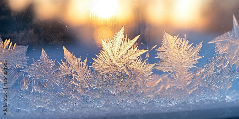 Wall mural frozen window: intricate ice fractals creating feathery patterns, winter's art
