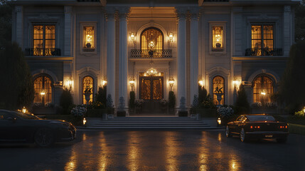 Fototapeta premium Elegant mansion with grand pillars and luxury cars at night