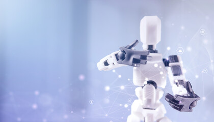 Advanced Humanoid Robot in a Digital Network. A Futuristic Representation of Artificial Intelligence and Connectivity with Glowing Data Nodes on a Blue Background
