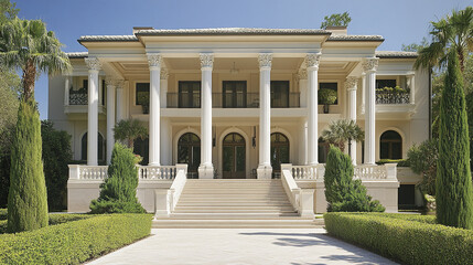 Elegant villa with grand columns and lush greenery