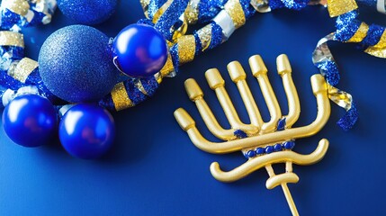 Hanukkah menorah with blue ornaments, festive background