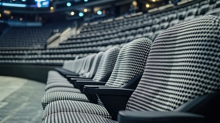 A sleek and modern sports arena with chairs that are seamlessly hounds toothed in black and white.