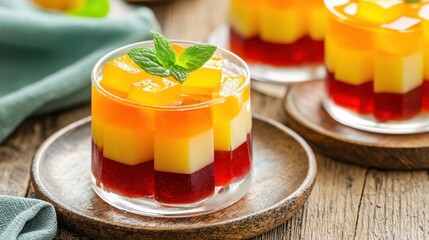 Food and drink dessert street food concept. Colorful layered jelly dessert garnished with mint leaves.