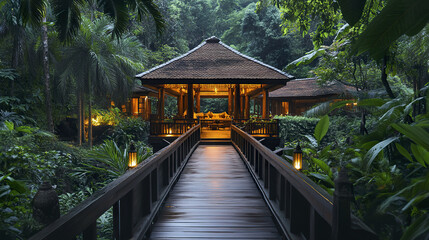 serene wooden bridge leads to hidden Thai jungle retreat