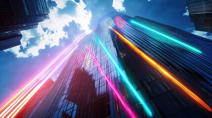 Rapid flashes of multicolored lasers across a futuristic skyscraper's facade create a high-energy spectacle.