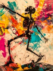 Fototapeta premium Dancing skeleton with vibrant chaotic background.