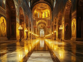 Obraz premium Golden light bathes ornate cathedral interior, illuminating holy figures.