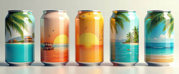 Colorful beverage cans featuring tropical sunset designs with palm trees, perfect for summer-themed marketing and branding.