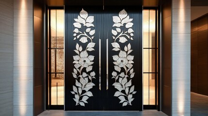 A grand entrance featuring a large, luxurious door made of black wood timber with intricate silver inlays in an elegant floral pattern.