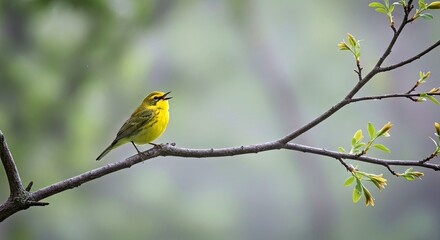Obraz premium A Golden-Cheeked Warbler Singing in the Morning Mist of a Texas Forest 