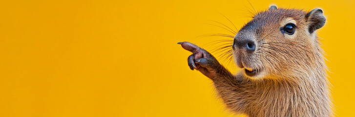 Portrait of funny happy capybara. Pointing index finger to the side on isolated yellow banner background.