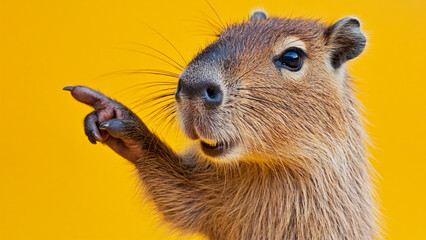 Portrait of funny happy capybara. Pointing index finger to the side on isolated yellow background.