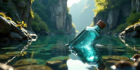 Fototapeta premium A teal glass bottle floats serenely on a calm, reflecting river, nestled amidst tranquil, verdant foliage and rocky banks, creating a serene and mysterious atmosphere.