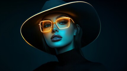 Portrait of female fashion model wearing futuristic hat and glasses glowing neon on dark studio