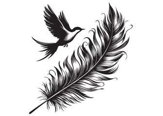 Obraz premium vector silhouette of a feather with flying bird logo, feather with flying bird logo icon, feather with bird logo design black animal, black feather with flying bird silhouettes on white background