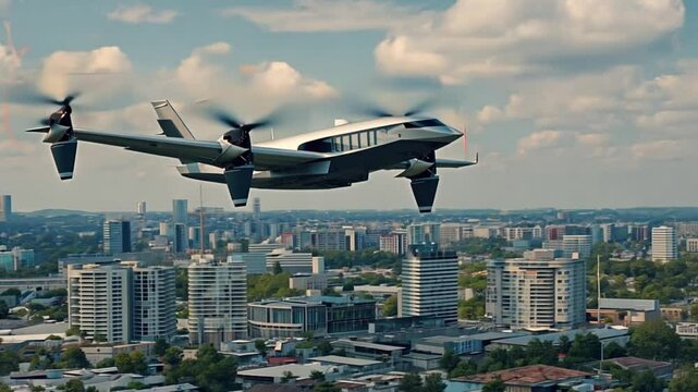 Flying Electric Air Taxi Over Urban Cityscape