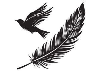 vector silhouette of a feather with flying bird logo, feather with flying bird logo icon, feather with bird logo design black animal, black feather with flying bird silhouettes on white background