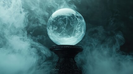 "Crystal Ball of Smoke: Fortune Teller's Mystical Tool Against a Dark Backdrop"