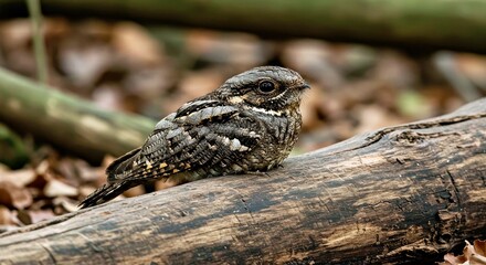 Obraz premium A Nightjar Camouflaged Against a Fallen Log in an Ancient Woodland-