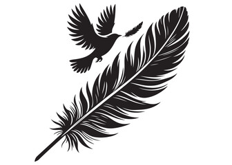 Fototapeta premium vector silhouette of a feather with flying bird logo, feather with flying bird logo icon, feather with bird logo design black animal, black feather with flying bird silhouettes on white background