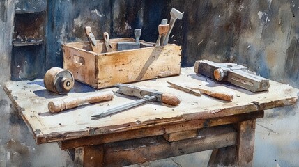 Vintage woodworking tools in a wooden box on a weathered workbench. 