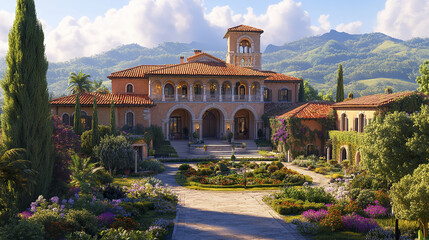 Fototapeta premium luxurious Mediterranean villa with Tuscan columns and lush gardens
