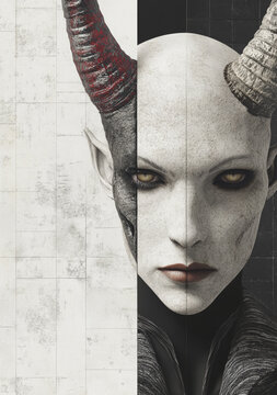 Dark Fantasy Demon Portrait &ndash; Split Face Digital Art for Wall Decor