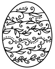 Outline Easter egg with doodle branches and shading, coloring page for holiday creativity or design