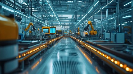 Obraz premium Automated factory assembly line with robotic arms and conveyor belts.