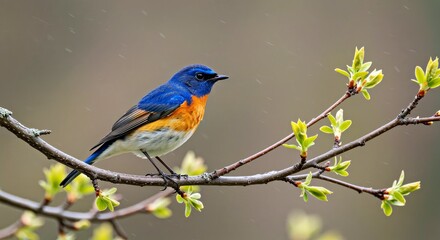 Obraz premium A Red-Flanked Bluetail Flitting Between Tree Branches in Early Spring-