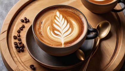A brown cup of hot coffee with cinnamon aroma on cafe table