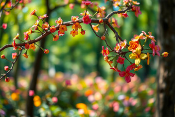 Colorful Tree Branch in a Lush Enchanted Forest, Surrounded by Blooming Flowers and Vibrant Greenery, Vibrant Wallpaper