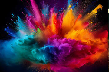 Explosion of pink holi powder paint on dark background
