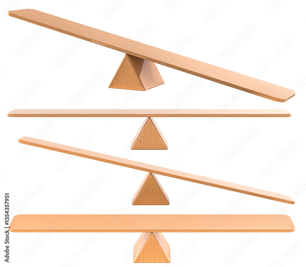 Fototapete empty wooden seesaws balance set. balanced and unbalanced, 3d rendering isolated on transparent back