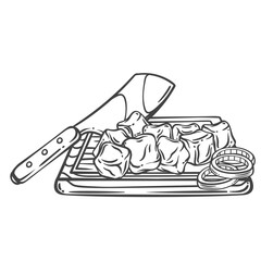 Beef cut into square pieces on wooden board with knife line icon. Outline hand drawn sketch of kitchen axe cutting raw beef meat and onion to cook meal. Cooking, dinner mascot, vector illustration