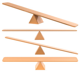 Empty Wooden Seesaws Balance set. Balanced and Unbalanced, 3D rendering isolated on transparent...