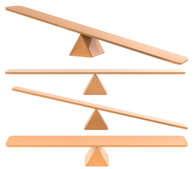 Empty Wooden Seesaws Balance set. Balanced and Unbalanced, 3D rendering isolated on transparent background