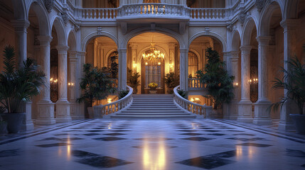 Fototapeta premium Elegant mansion interior with grand staircase and chandeliers