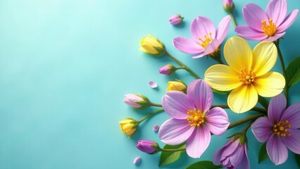Obraz premium Pastel Blossoms Arranged on a Light Blue Background A Delicate Floral Composition