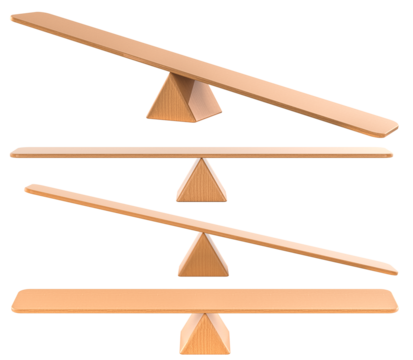 Empty Wooden Seesaws Balance set. Balanced and Unbalanced, 3D rendering isolated on transparent background