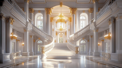 Fototapeta premium grand Palladian villa interior with elegant columns and sweeping staircase