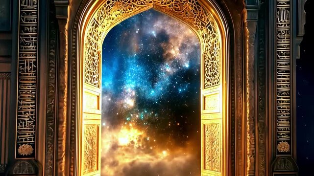 Motion of ornate golden gate opening into a dreamy Ramadan night sky, ethereal atmosphere