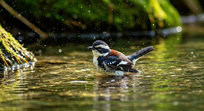 A Spotted Forktail Bathing in a Crystal-Clear Stream