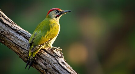 Fototapeta premium A Vibrant Green Woodpecker With Its Red-Crowned Head Captured in Stunning Detail-