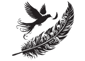 Obraz premium vector silhouette of a feather with flying bird logo, feather with flying bird logo icon, feather with bird logo design black animal, black feather with flying bird silhouettes on white background
