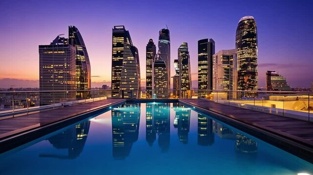 Rooftop Swimming Pool Reflecting City Skyline at Dusk