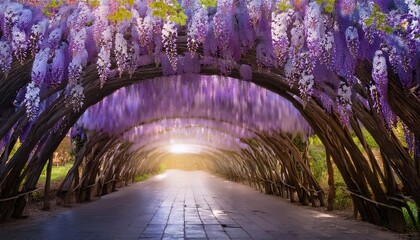 Naklejka premium 満開の藤の花が垂れ下がる、静かな藤のトンネル
