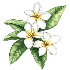 Fototapeta premium Plumeria Flowers Watercolor, White Frangipani Blossom with Green Leaves Bouquet Isolated