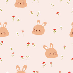 rabbits heads  and flowers   seamless pattern , vector , illustration