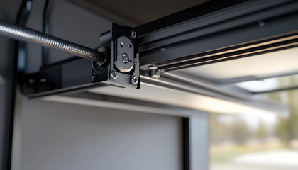 Close-up of modern garage door mechanism, its spring system and sleek design. Contemporary garage tech with clean engineering for residential home automation, innovative home improvement.